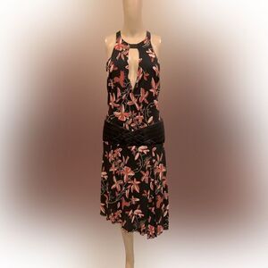 BEBE Black Red floral print halter deep v neck hi lo sleeveless Sz M